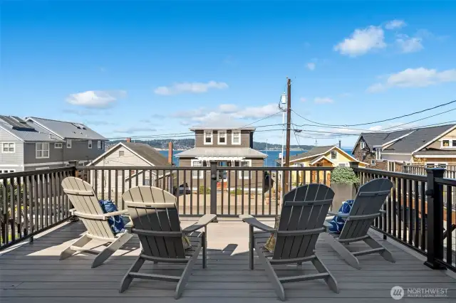 Deck views overlooking the sound, Mt Baker peeps out on clear days!