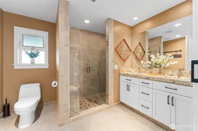Two person walk in shower with dual shower heads