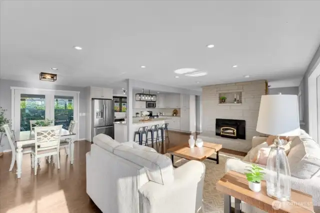 Looking towards kitchen and French doors to back yard (left)