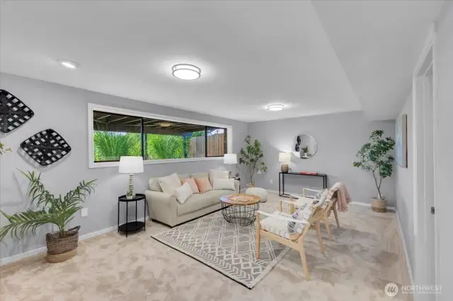Super fun and bright lower level family room