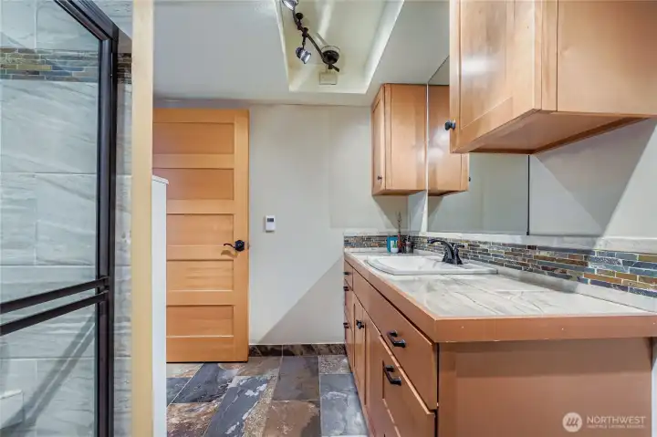 Remodeled Bathroom in floor radient heat.