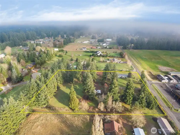 Another aerial of this lovely property. Mature trees, cleared area; possible garden space. On a sunny day, Mt Rainier view!