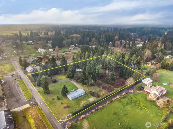 Another aerial view of shy 4 acre property,  Manufactured home in the forefront with peekabo look at second RV living site. Boundary lines are estimated; for informational purposes.  East Olympia Elementary just across 87th from the property.