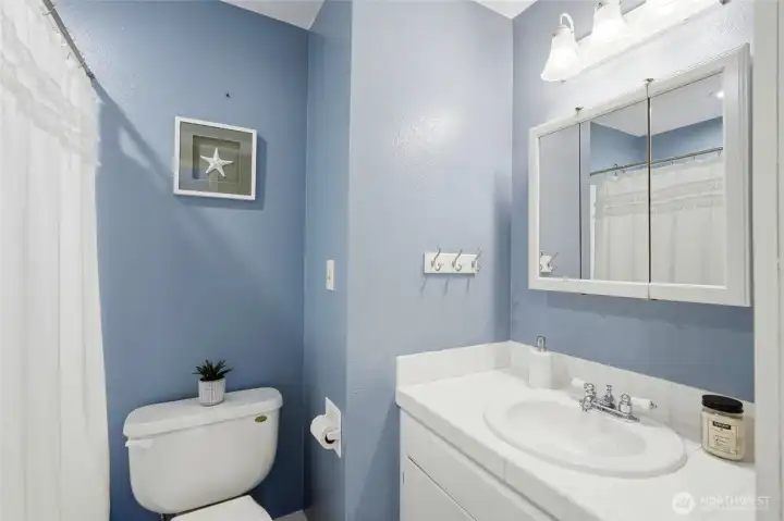 Contemporary full guest bath serves the additional bedrooms.