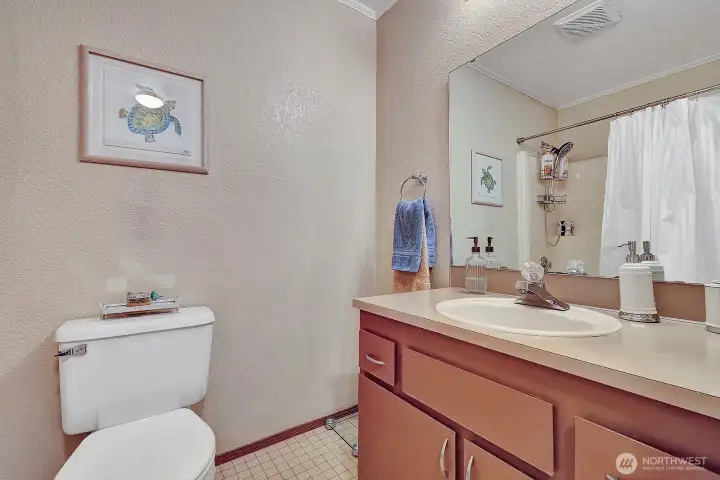 Full hallway guest bathroom has HUGE linen closet and vanity storage for all your bathing necessities.