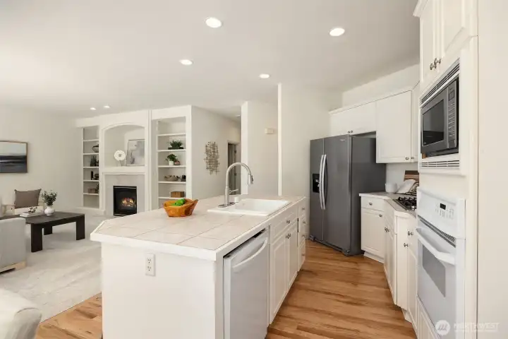 From this view, you can see how the kitchen and living room connect, perfect for everyday living and entertaining.