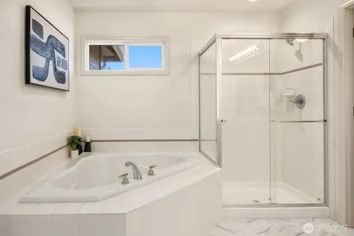 Another view of the large soaking tub and separate shower.