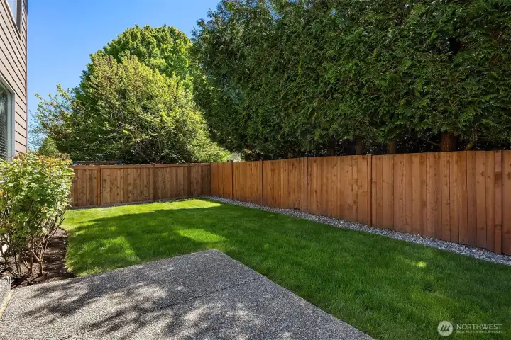 Alternate view of the backyard highlighting a thoughtfully designed patio space.