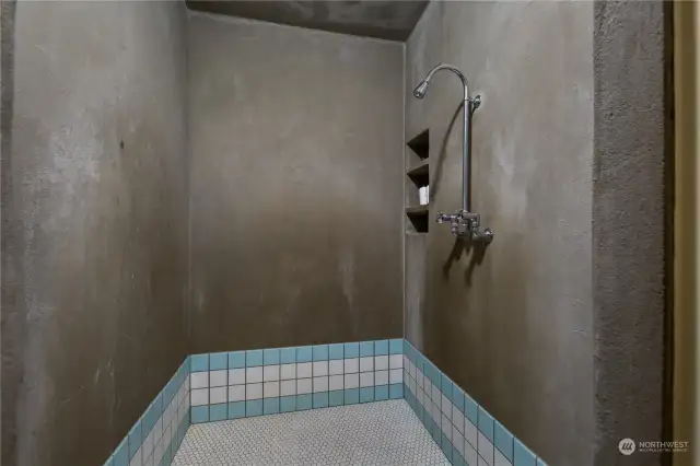 Main level shower in its own room.