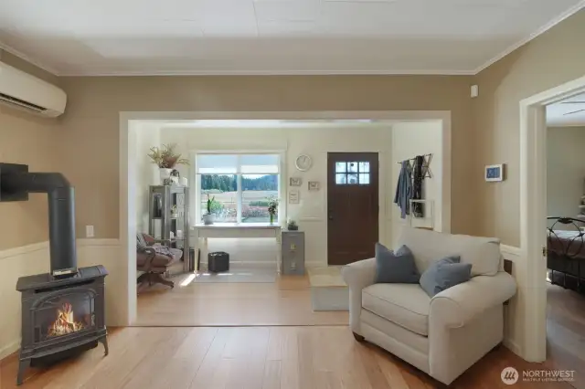 Front entry of home, gas fireplace, entry doubles as office space