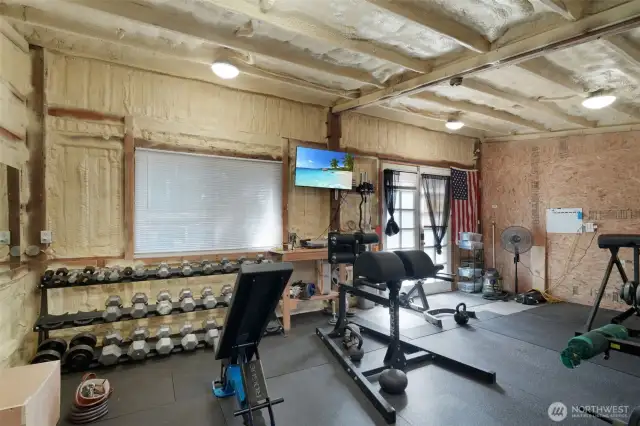 Main gym area with minisplit, insulation and 220V