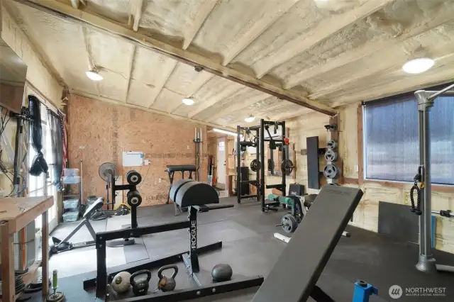 Main gym area with minisplit, insulation and 220V