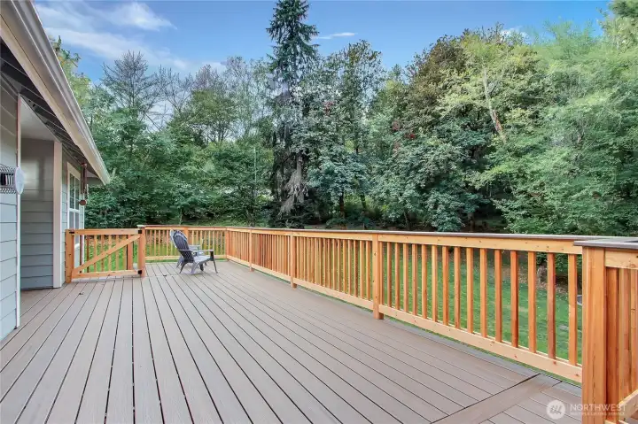 View of your brand new Trex deck off the back of the home, patio doors from eat-in kitchen area and primary suite.