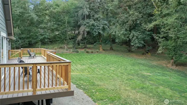 Drone view of your deck and massive back yard. SO much room to garden & play!
