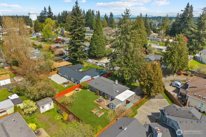 Aerial views of the property and surrounding neighborhood showcase the fully fenced backyard, open lawn, garden beds, and detached storage structure. Elevated perspectives highlight the home's residential setting, mature trees, and generous outdoor space within the established community.