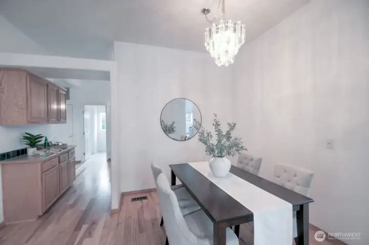 Dining area and hallway with built ins