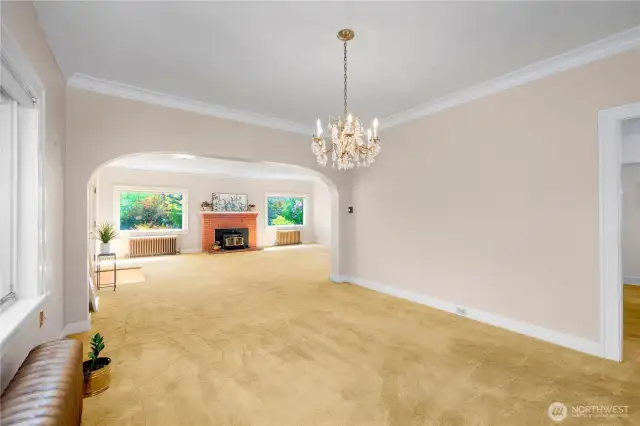 Dining room with kitchen entrance on right