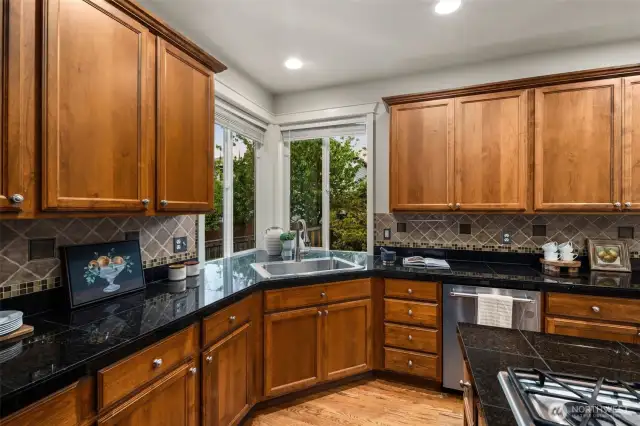 Large kitchen with cared-for cabinetry, granite countertops, stainless appliances, gas range with downdraft, tiled backsplash and dreamy corner kitchen sink area. The island comfortably seats 4-5 in addition to the eat-in dining area adjoining the kitchen. The kitchen is well-lit. Gleaming hardwood flooring.