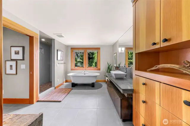 Primary Bathroom: walk-in shower and separate tub, with deluxe toilet to the left.
