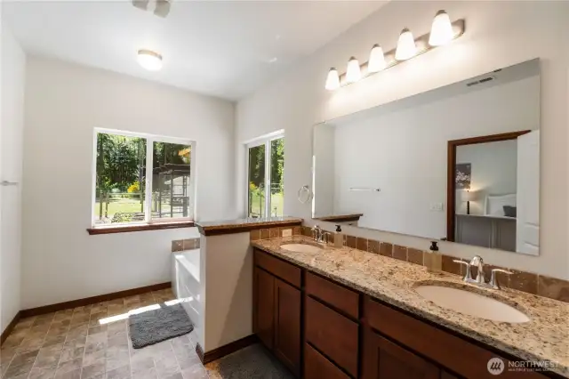 Primary 5-piece bath with dual sinks. Beautiful granite slab counters were put in the kitchen and all bathrooms.