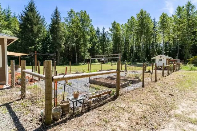 Fenced garden area with 7 raised beds ready for your plants.