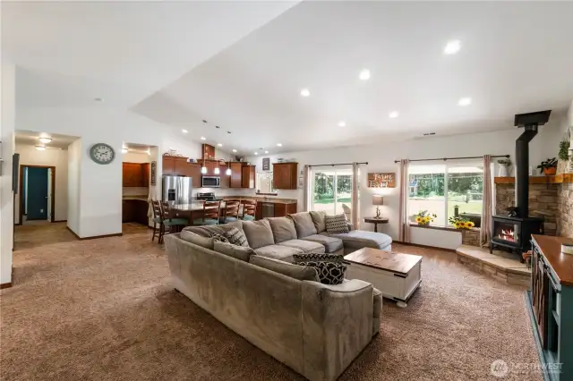 Open floor plan offers great room with vaulted ceilings and recessed lighting.