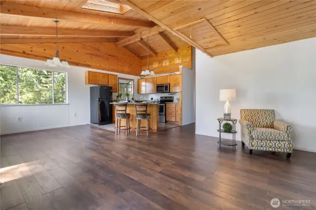 Bright airy with tongue and groove cedar ceiling.