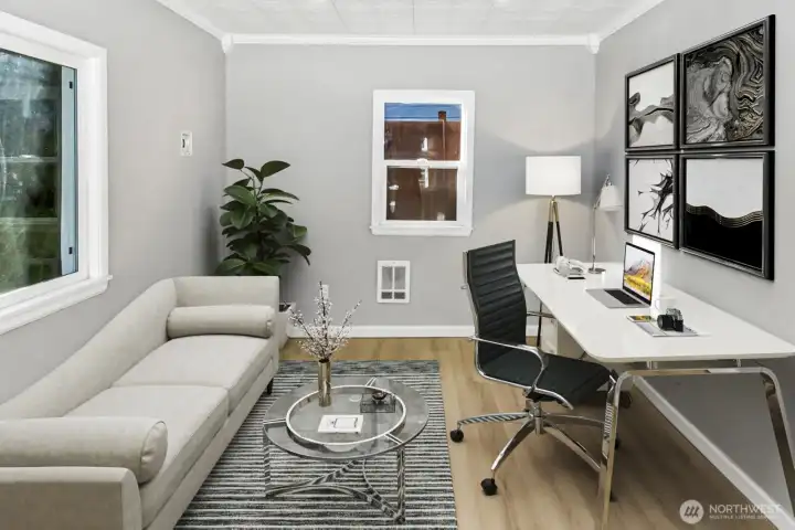 Virtually staged. Office space or bonus room with Cat 5 cabling for at home work needs.