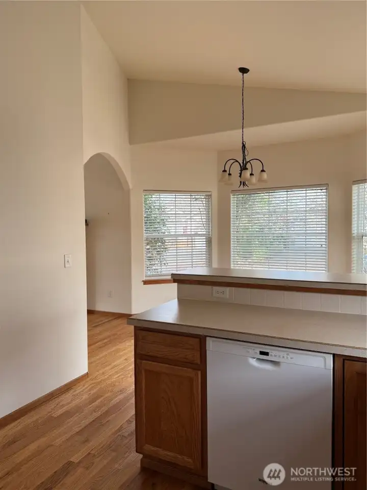 view from the kitchen into the dining room