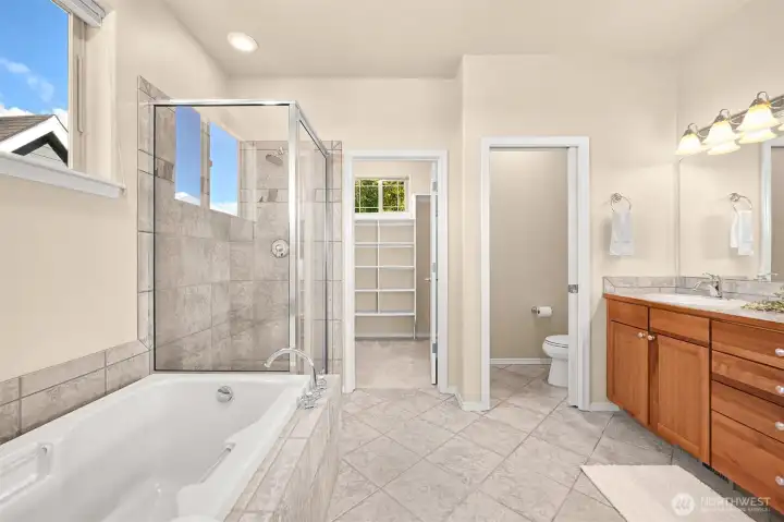 Primary bath with soaking tub and shower