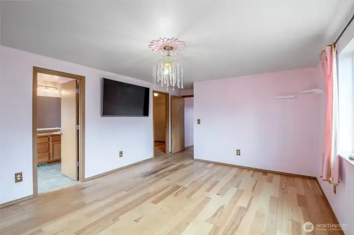 Another look at the primary bedroom.  Television stays with home.  Primary bath on left and walk in closet in middle of photo.