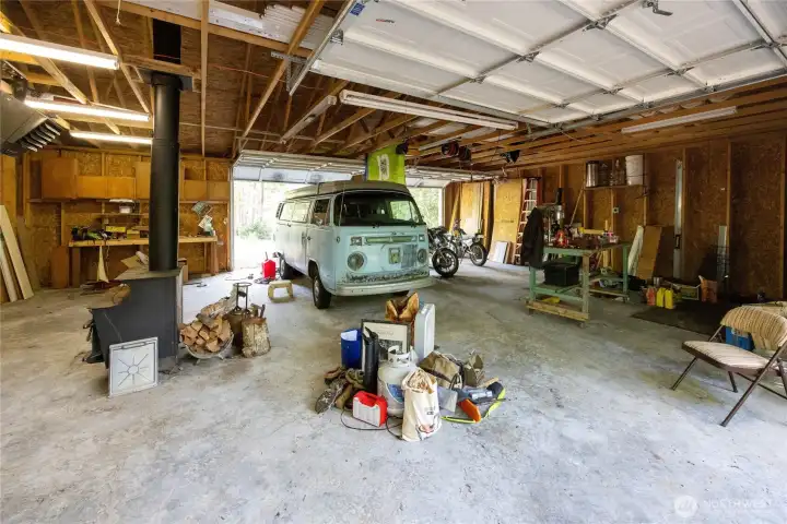 Wood framed shop interior- VW Bus does not convey.
