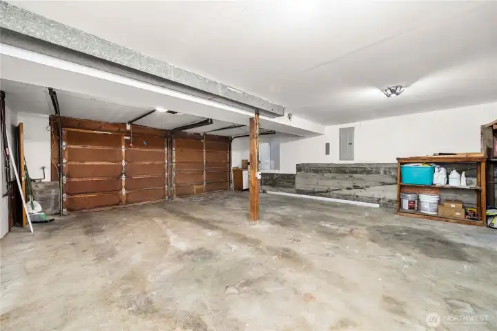 two car garage with some storage space