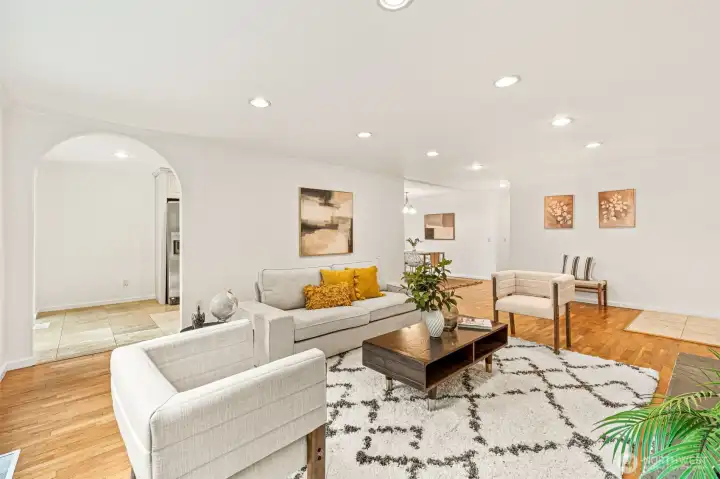 Living room is next to the kitchen nook.