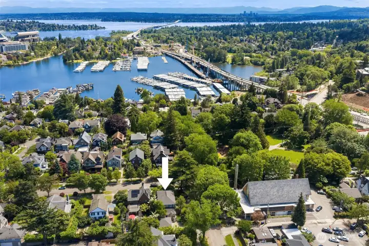 This aerial perspective showcases the best of Seattle living—mature tree-lined streets, iconic historic homes, Roanoke Park just across the street, and the waters of Portage Bay and Lake Union only moments away.