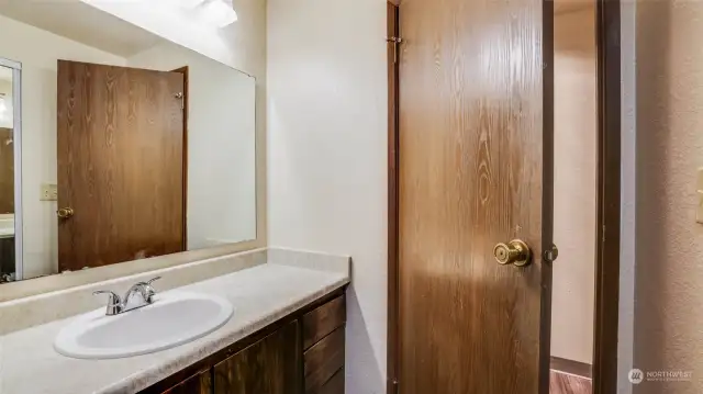 Vanity offers an abundance of storage and separated from the water closet where you'll find the walk-in shower.