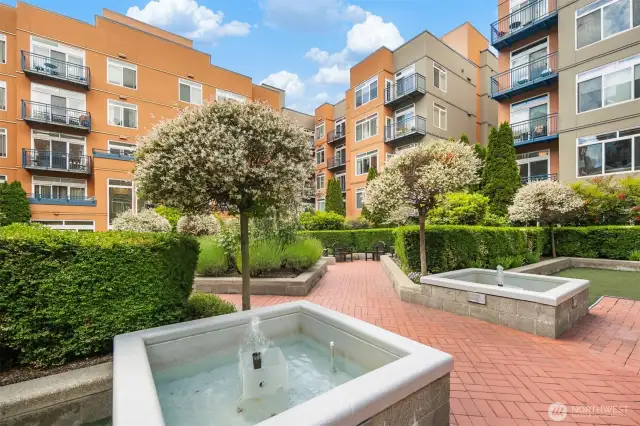 Water features with blooming trees to relax by in courtyard.
