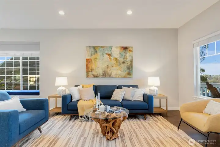 Great room living, with peek views from the front windows.