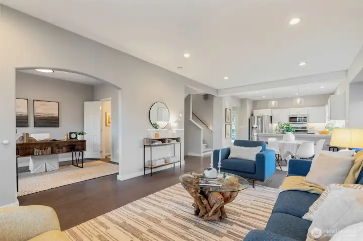 Big open great room space; From this perspective- the office, living, dining and kitchen.