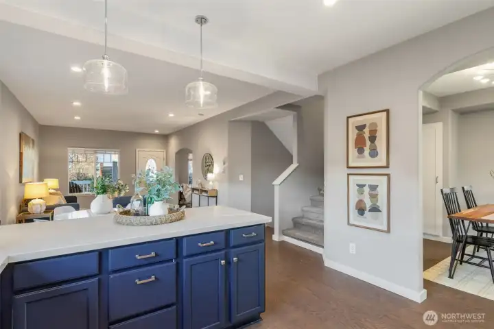 Kitchen is open to the living room. Let's go upstairs!