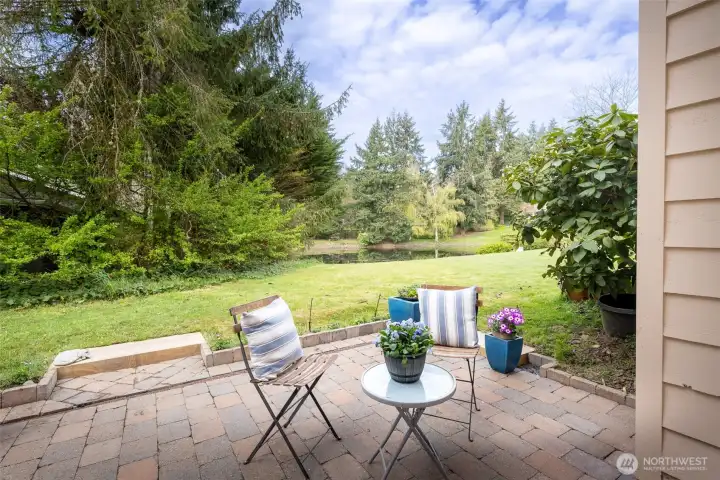 Picturesque pond view on this sunny patio