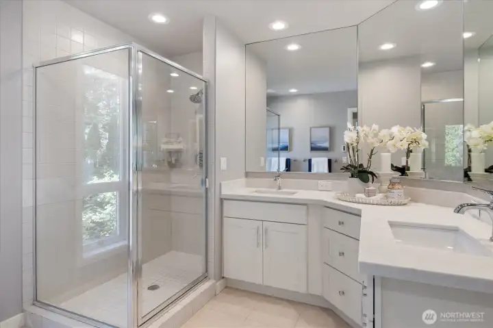 Upper level jack & jill bathroom is accessible from both bedrooms
