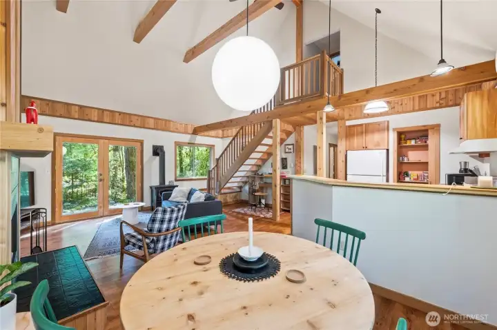A look back at the kitchen and stairs to the second story.