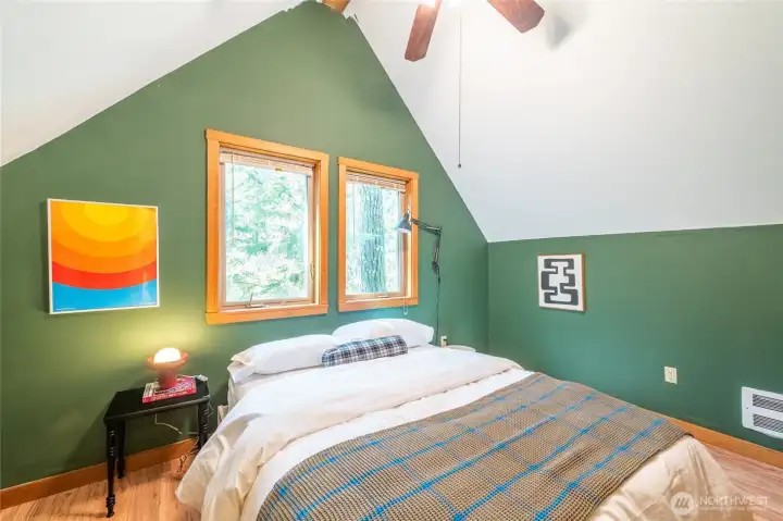 Beautiful vaulted ceilings in the upstairs primary bedroom.
