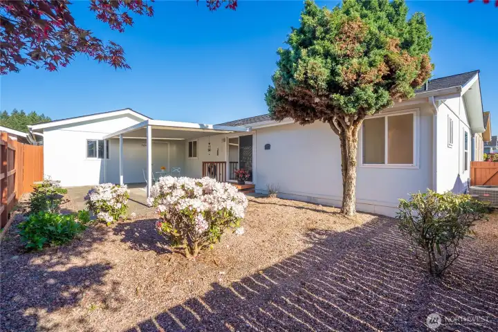Large private back yard with easy maintance landscaping and mature shrubs.