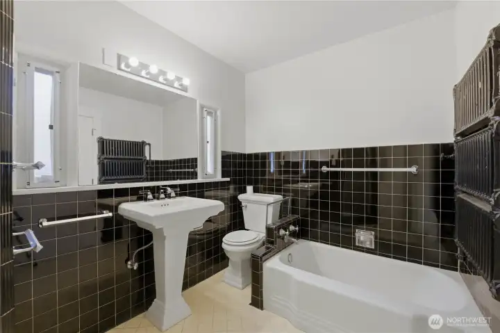 Impeccable vintage tile second floor bathroom