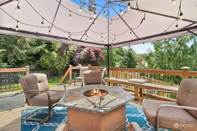 Relax on the large deck with Trex decking and stay covered with the gazebo all overlooking a professionally landscaped yard, providing a serene outdoor escape.
