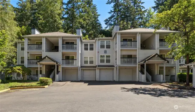 Street view of this 2nd story-end unit condo. Desirable and rare cul de sac location. Your garage is just steps to the stairway for the entry to the unit.