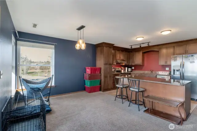 view of park outside window you are facing  and showing kitchen area
