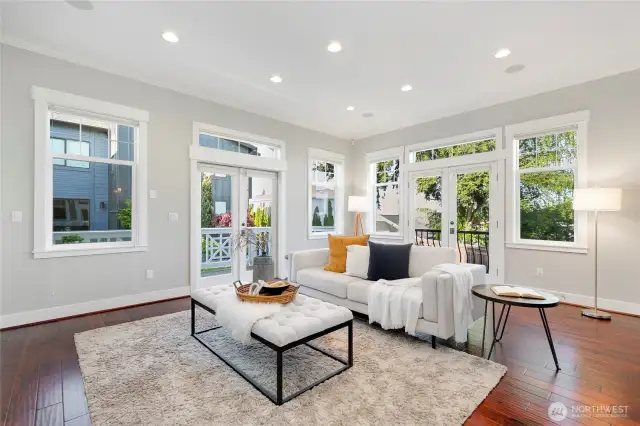 Family room right off the kitchen with French doors leading to the patio.